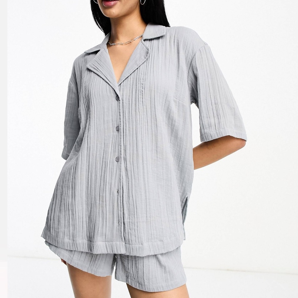 NWT ASOS Co-Ord Set Gray Cheesecloth Button Down Top and Shorts